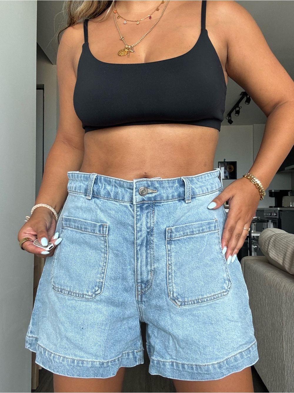 H&M Light Blue High-Rise Denim Shorts with Front Patch Pockets